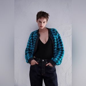 Zara Houndstooth Knit Open Front Cardigan Sz Small Blue Influencer Favorite